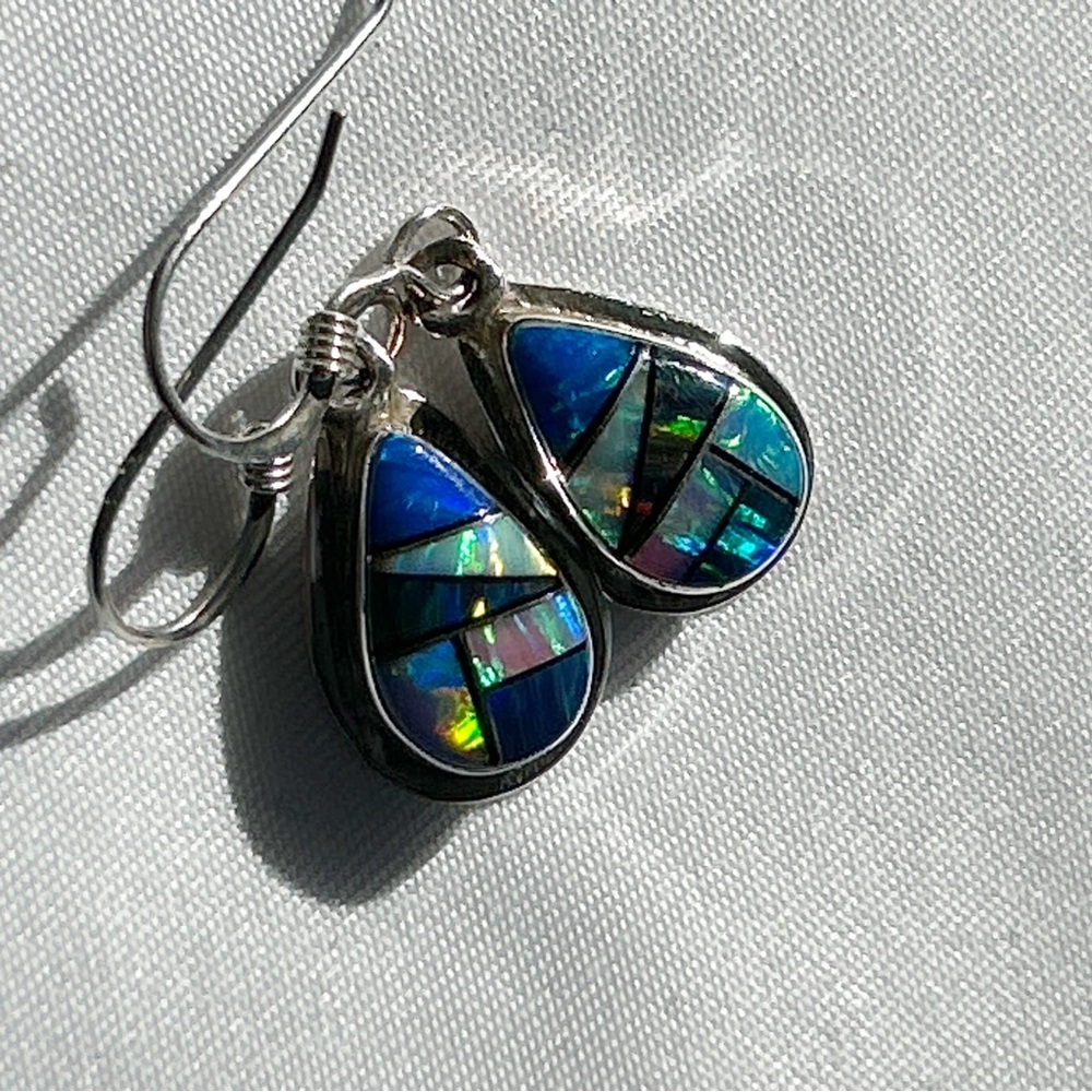 Signed Southwestern Opal Inlay Sterling Silver Teardrop Earrings - Picture 6 of 10